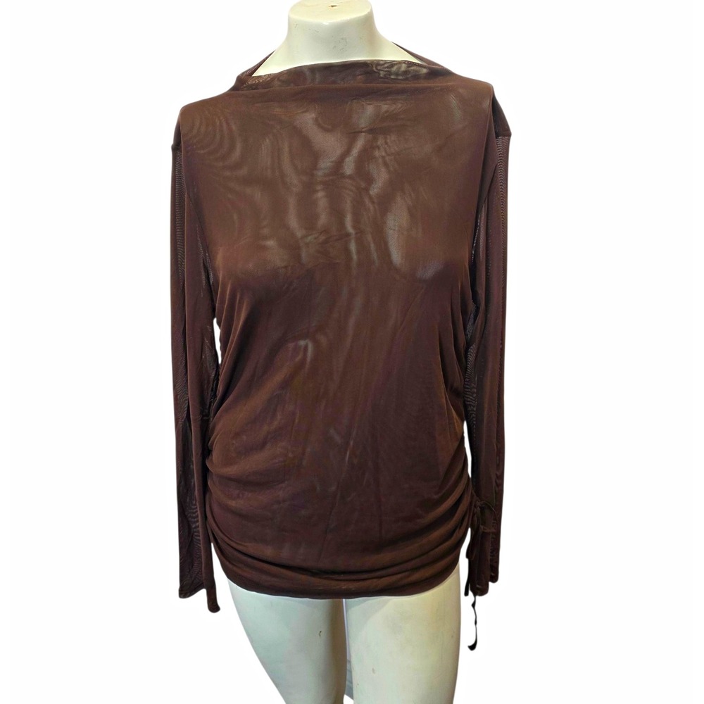 Blue Blossom Brown Sheer Mesh Top M Ruched Drawstring Y2K Whimsygoth Long Sleeve